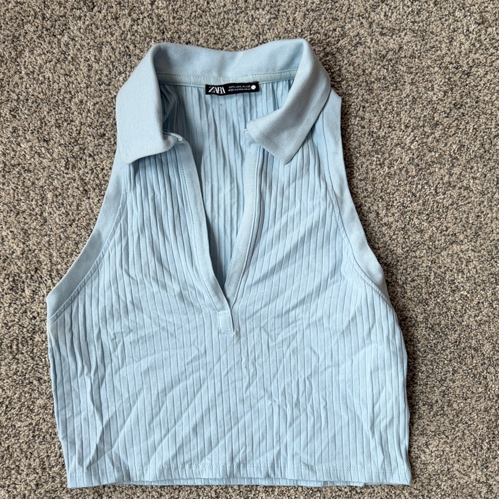 Zara Sky Blue Collared Crop Top